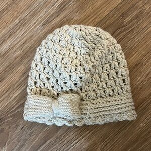 Crochet Knit Ivory Womans Beanie with Bow